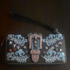 Cowgirl Embroidered Black Wristlet Wallet with Blue Floral Accents